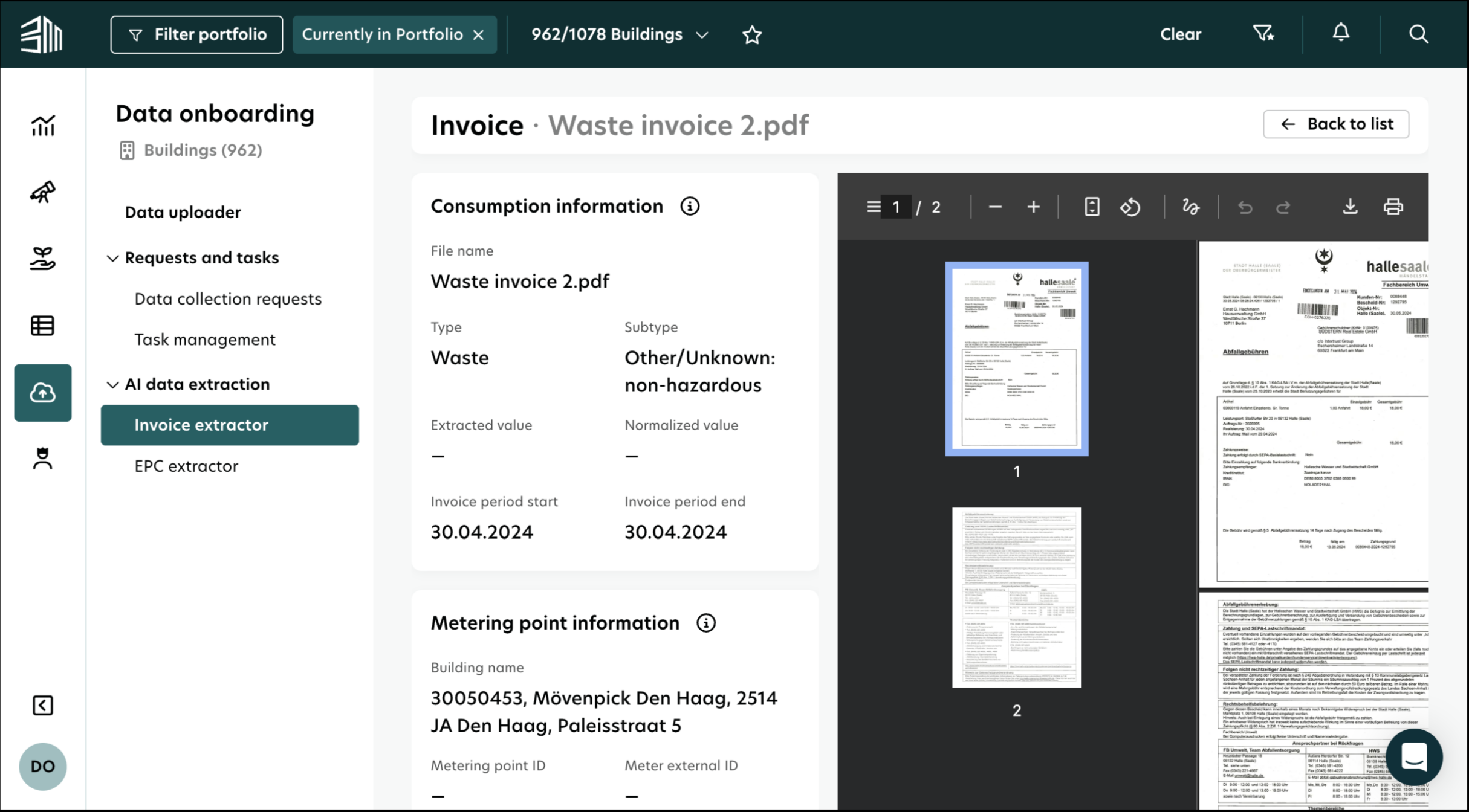 AI invoice extraction interface