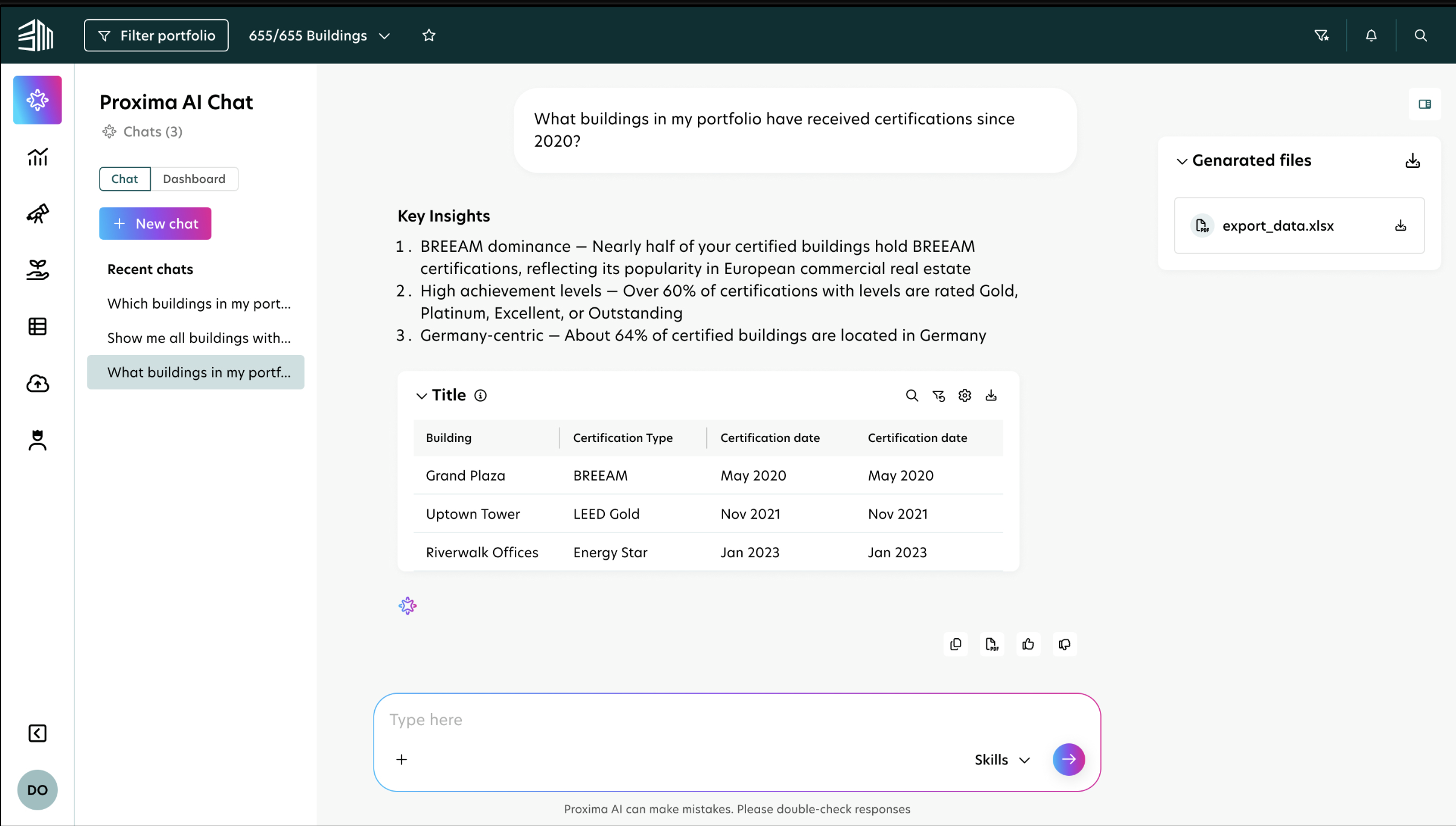 Proxima AI Chat showing sourced answers with citations displayed on a desktop computer monitor