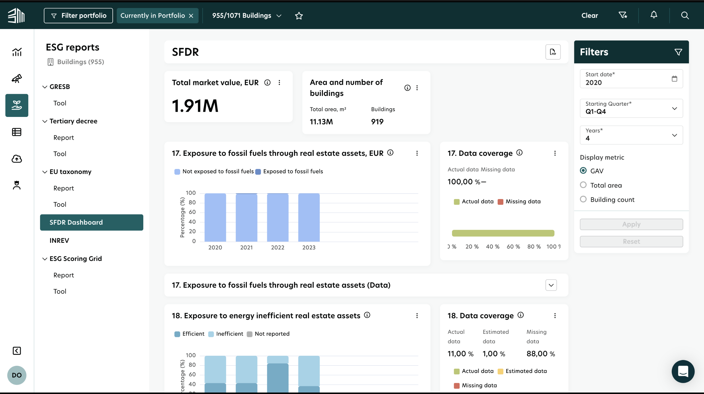 Regulatory compliance and SFDR benchmarking dashboard displayed on a desktop computer monitor