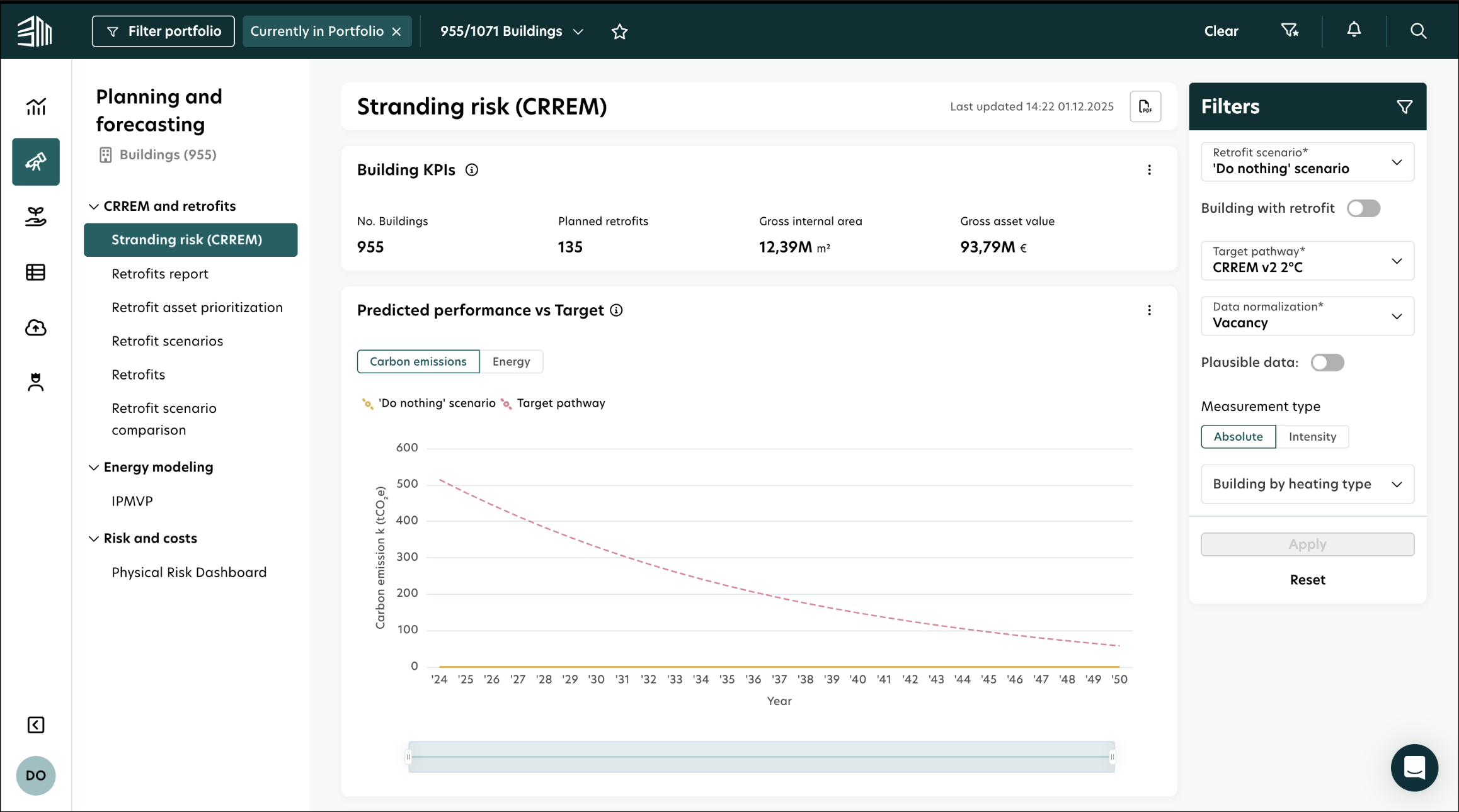 Stranding risk and retrofit planning UI displayed on a desktop computer monitor